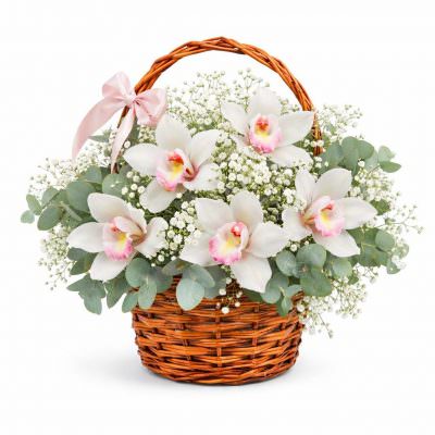 Корзина с орхидеей и гипсофилой «Букет мечты»